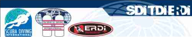 A series of logos on a blue and white background, including SCUBA Diving International, a globe with a diver, a ship wheel, and ERDI.