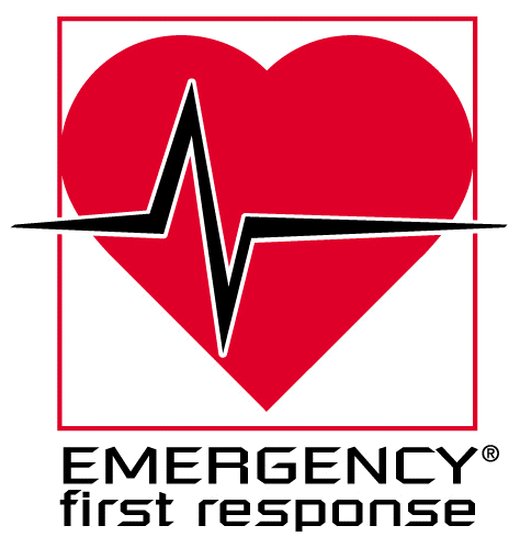 Red heart with a black and white heartbeat line across it, surrounded by a thin red square, with the words "EMERGENCY first response" below.
