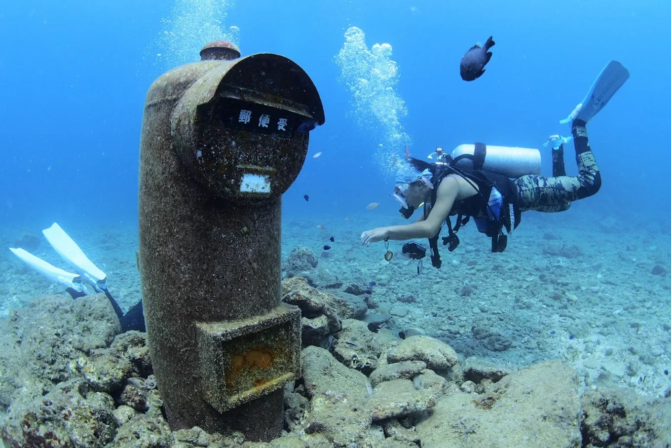 An underwater scene featuring a scuba diver exploring near a rusty, abandoned mailbox resting among rocks on the ocean floor.