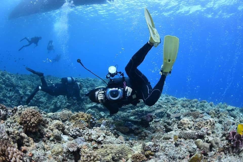 Person in scuba gear taking a photograph underwater near coral reef with divers in the background.