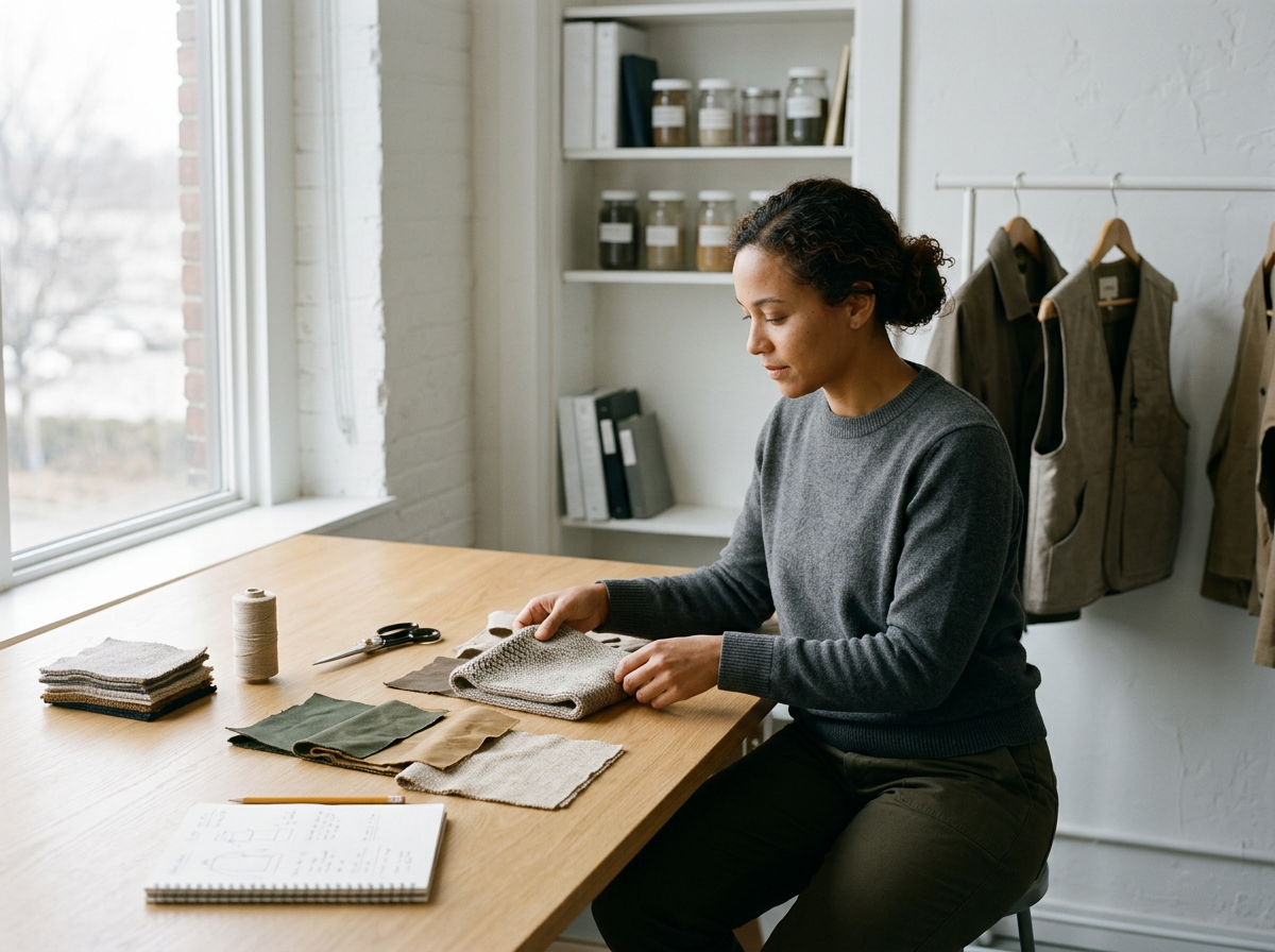 A woman sitting at a desk, examining fabric swatches, sewing scissors, and thread with a window and clothing hanging on a rack in the background.