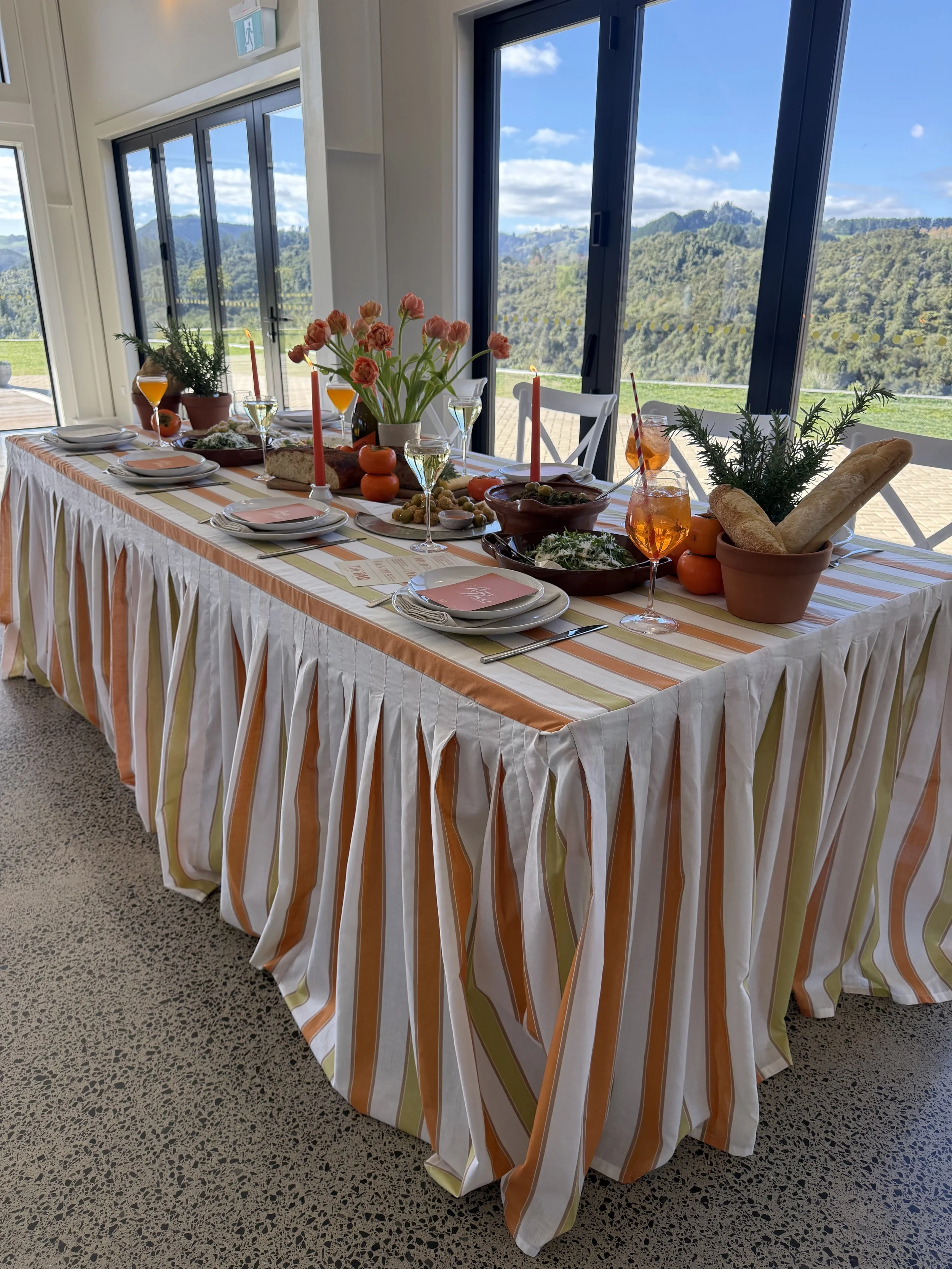 Green & Orange Striped Tablecloth