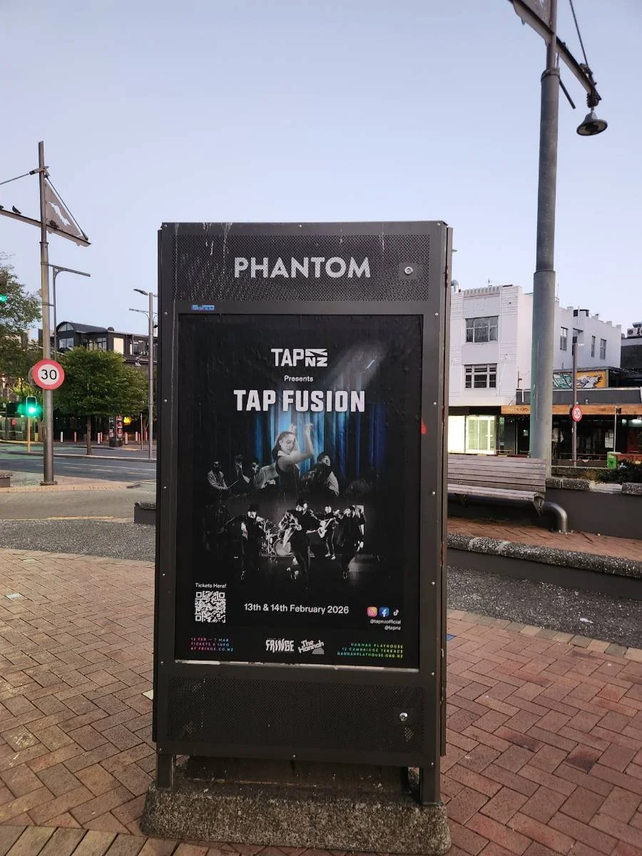 Poster advertising a live music event called 'TAP FUSION' presented by TAP NZ, scheduled for February 13th and 14th, 2026, at a venue called 'PHANTOM', featuring a photograph of musicians performing on stage.