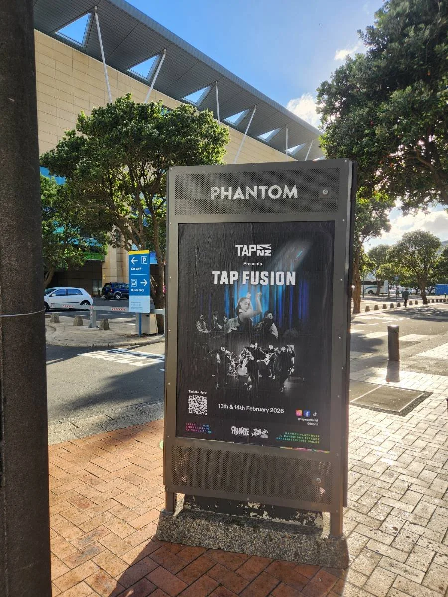 Poster advertising the Tap Fusion event hosted by TAPNZ on February 13th and 14th, 2026, featuring musical performers, with QR code for tickets, and social media links at the bottom.