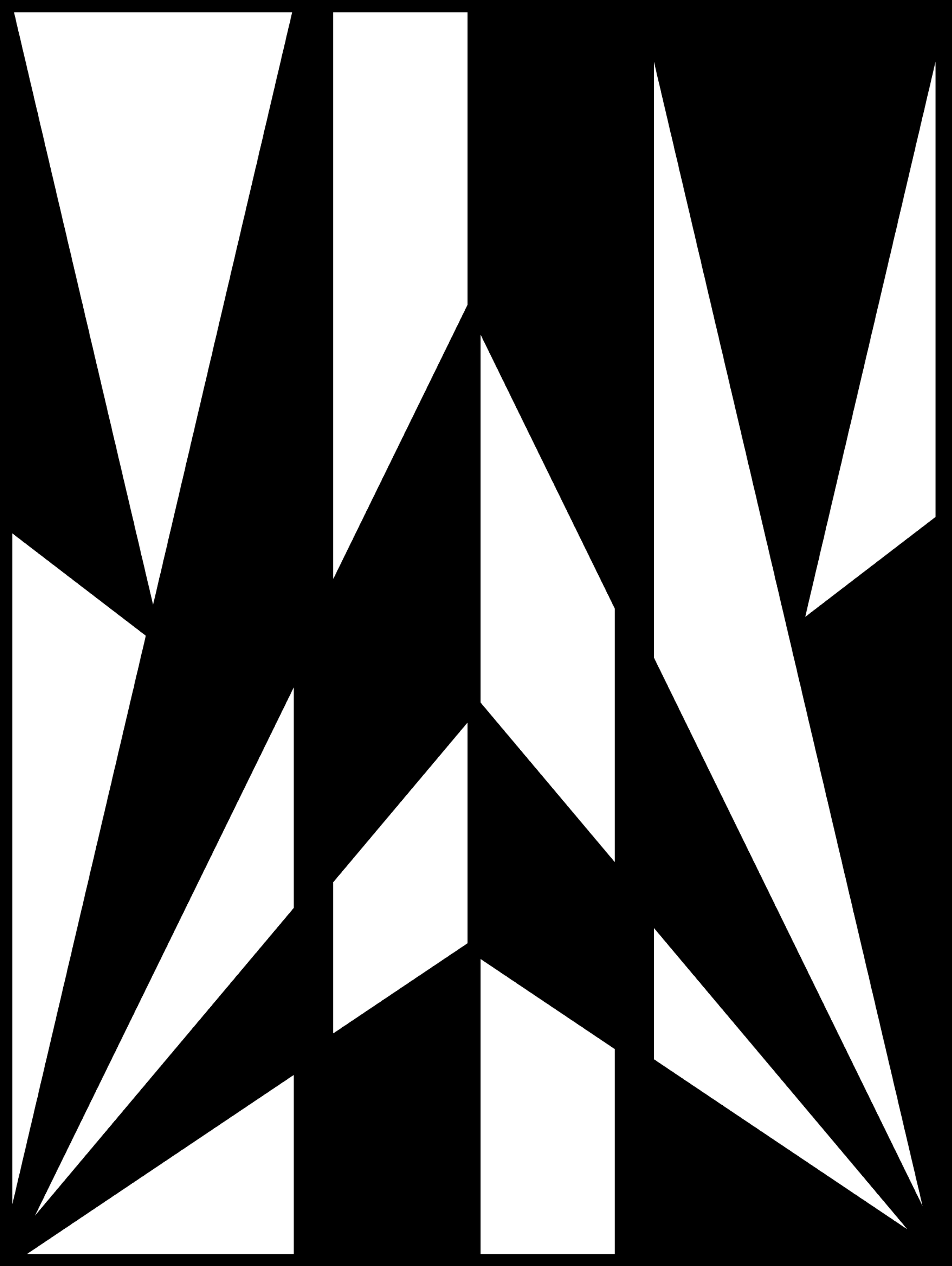 A black and white abstract geometric pattern with sharp triangles and shapes in a symmetrical layout.