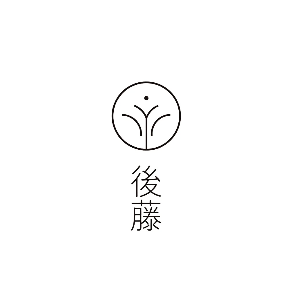 Minimalist logo with a circle enclosing a stylized tree and a small dot above it, accompanied by Japanese characters below.
