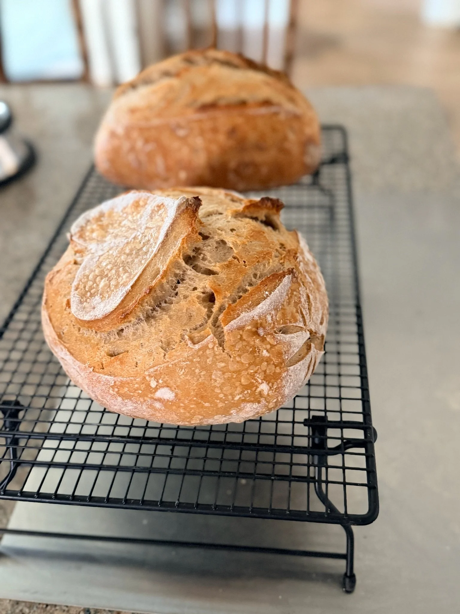 A loaf of rustic bread with a crusty exterior and a dusting of flour on top, placed on a black wire cooling rack on a light gray surface.