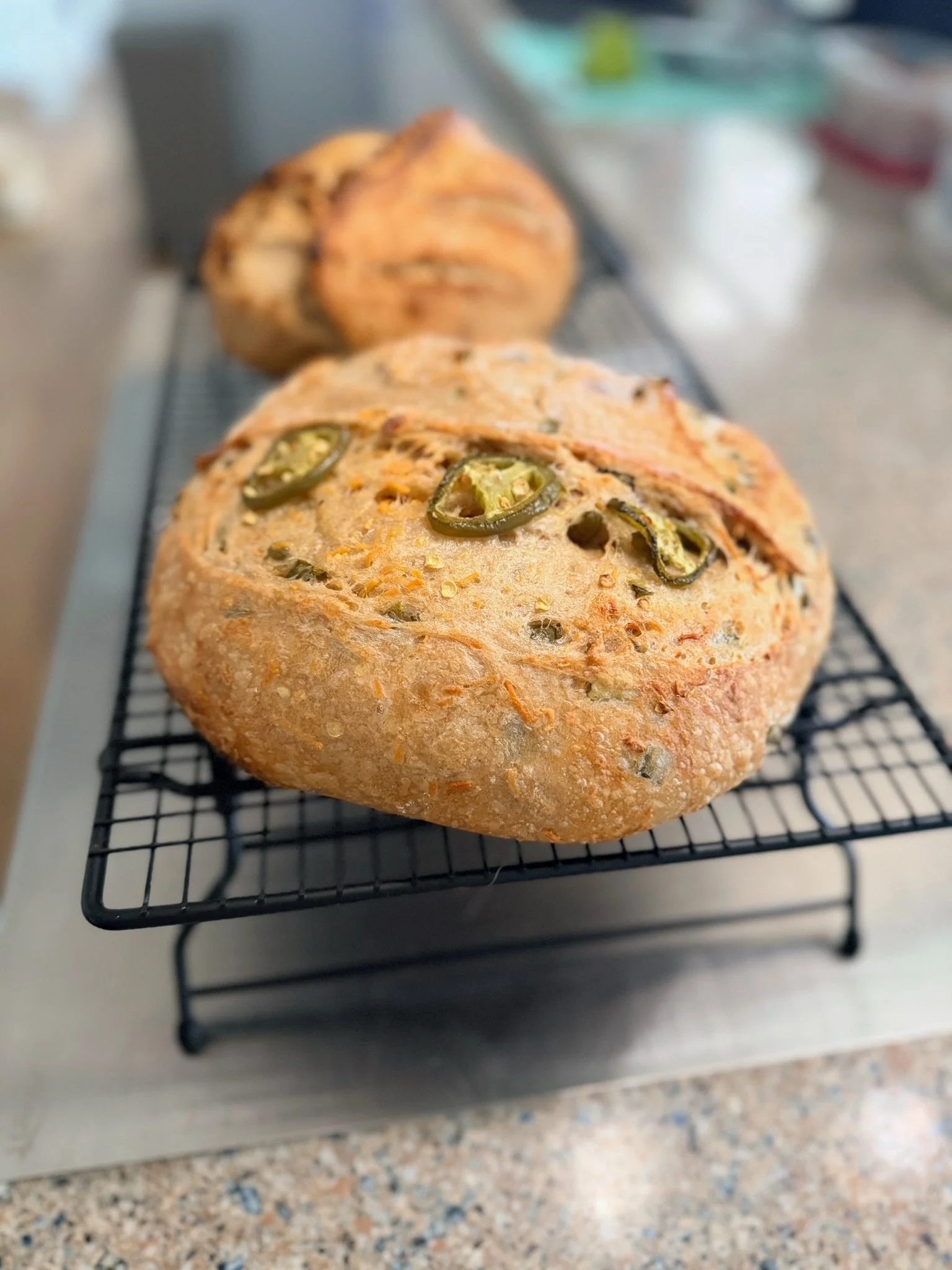 Freshly baked bread on a wire cooling rack in a kitchen.