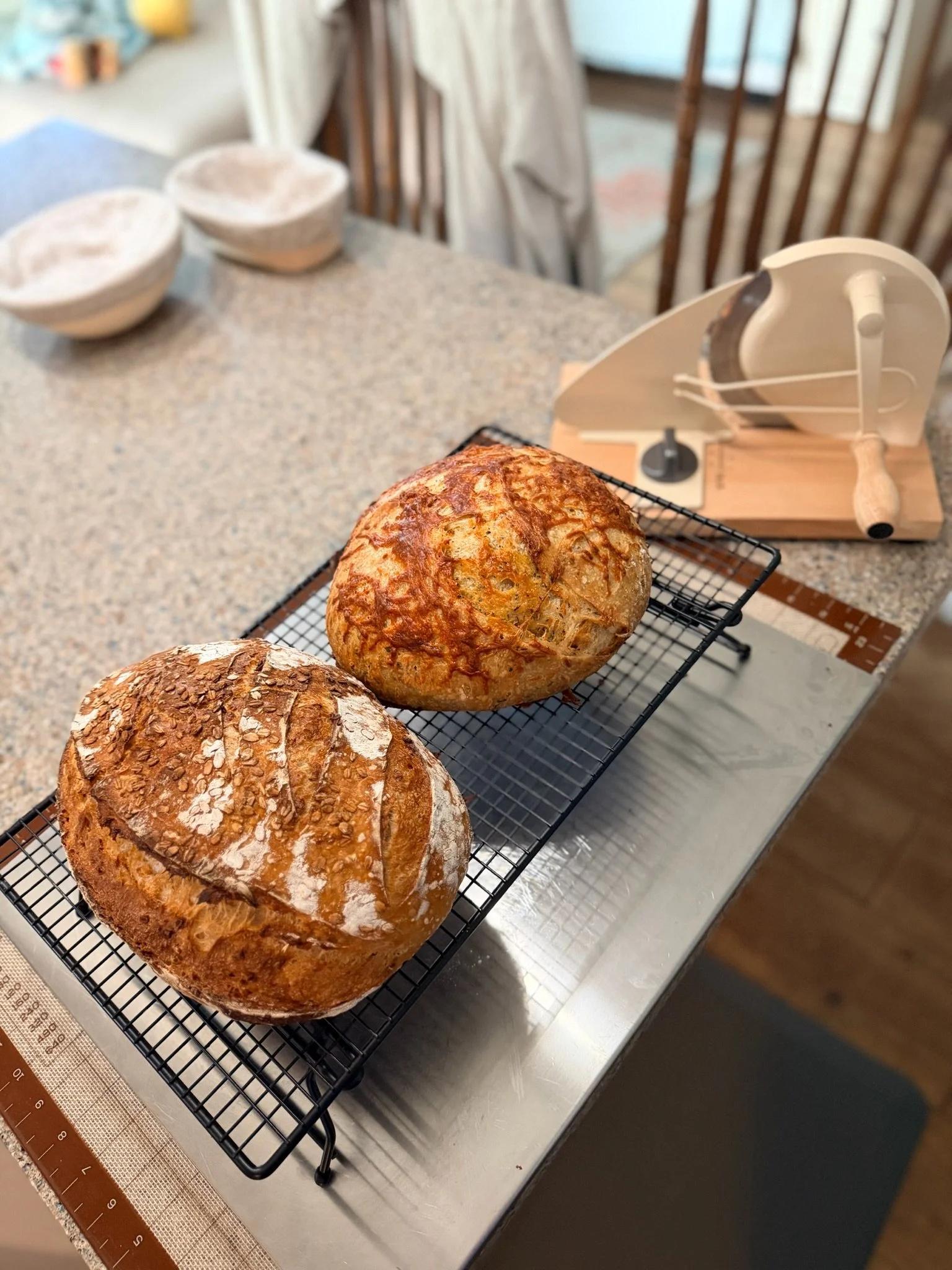Three freshly baked loaves of bread cooling on a black wire rack on a kitchen countertop.