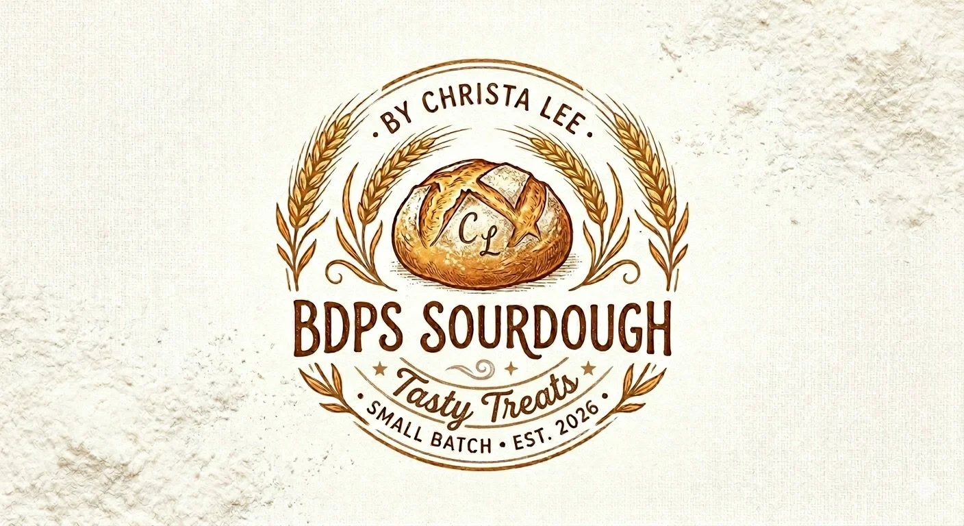 Logo for BDP Sourdough Bakery featuring a loaf of sourdough bread with wheat stalks, with text indicating it is by Christa Lee, established in 2026, offering small batch tasty treats.