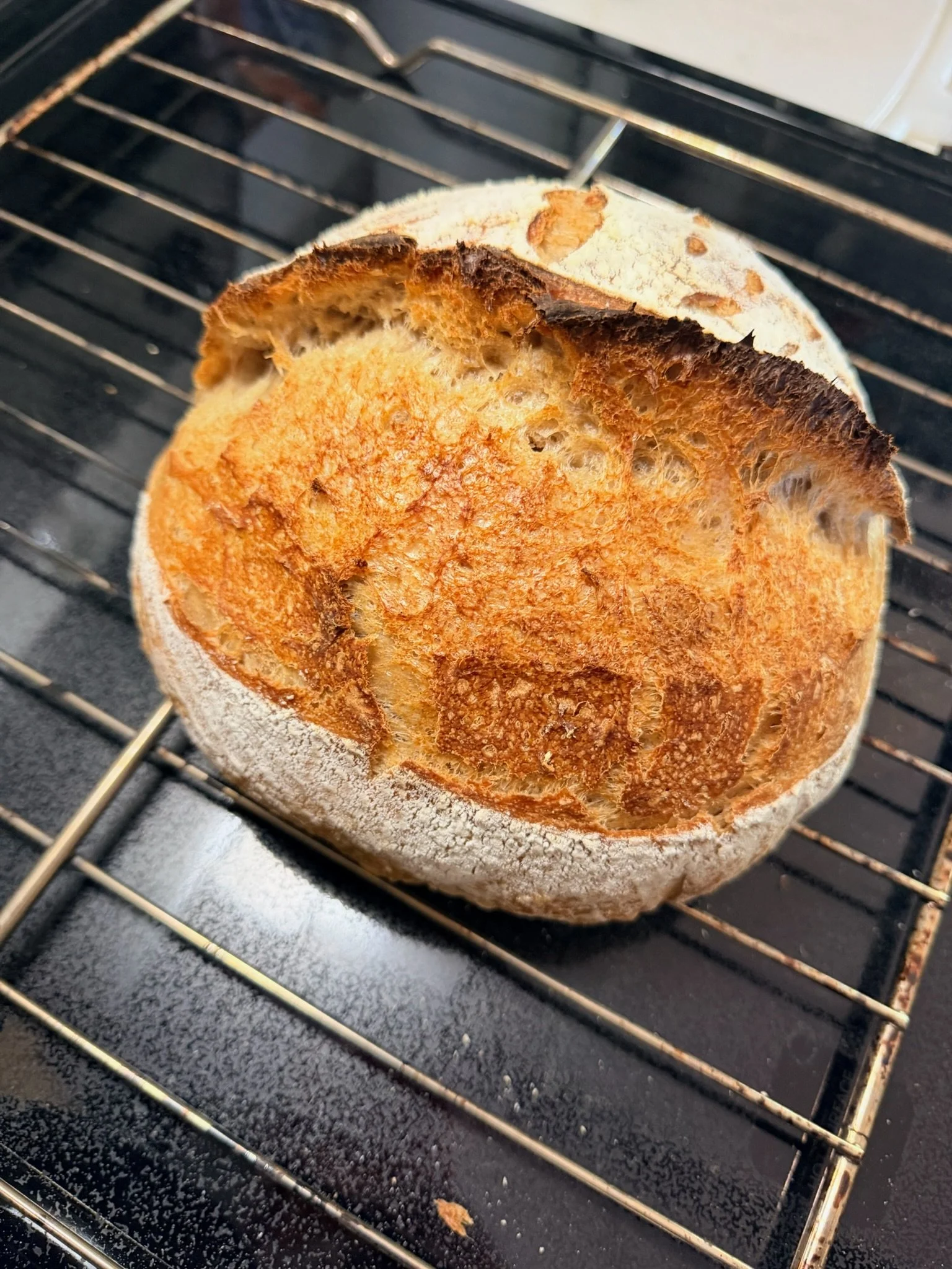A loaf of bread cooling on a wire rack in an oven.