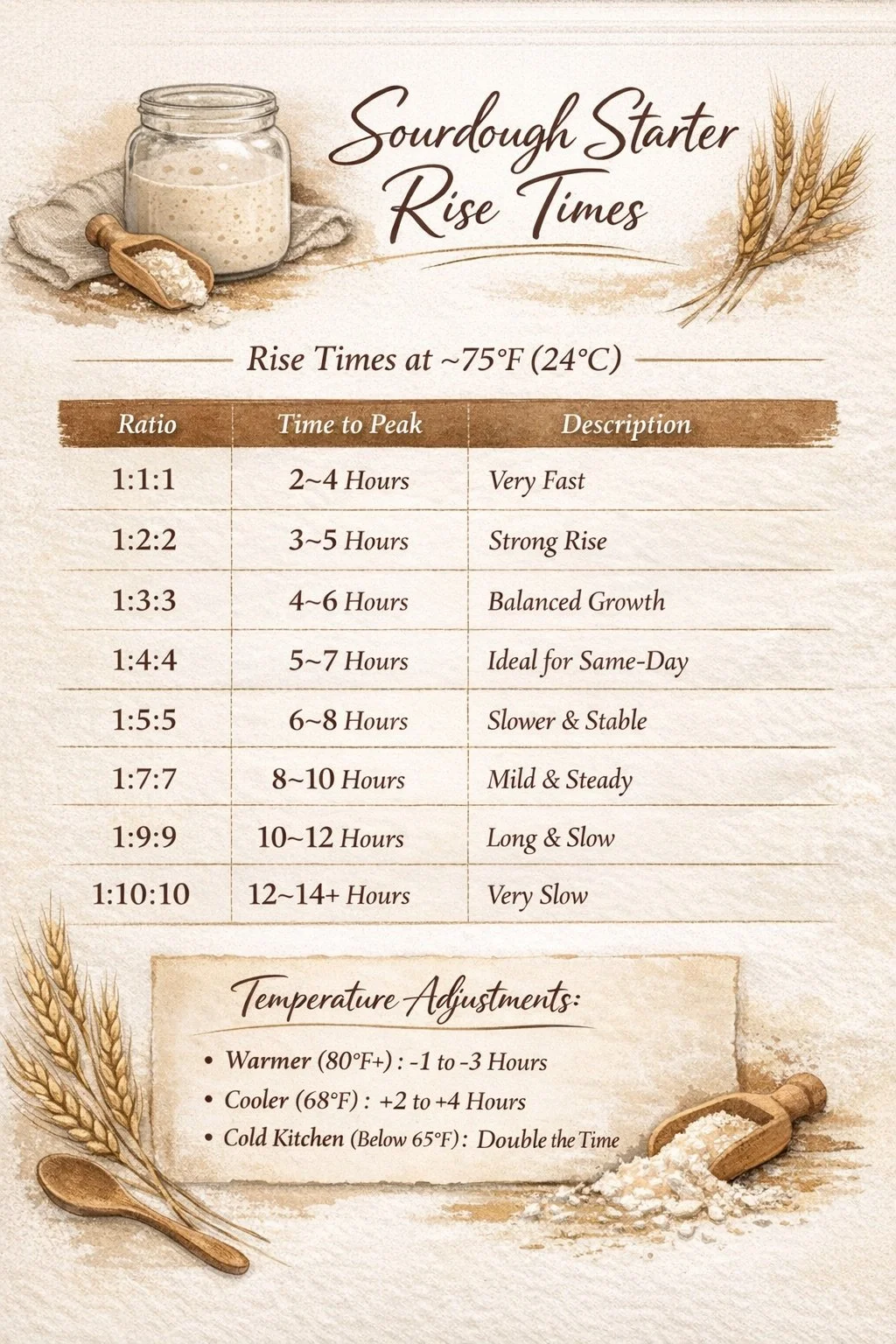 Guide for sourdough starter rise times at 75°F (24°C), showing ratios, time to peak, and descriptions from very fast to very slow, along with temperature adjustments for warmer, cooler, and cold kitchen conditions.