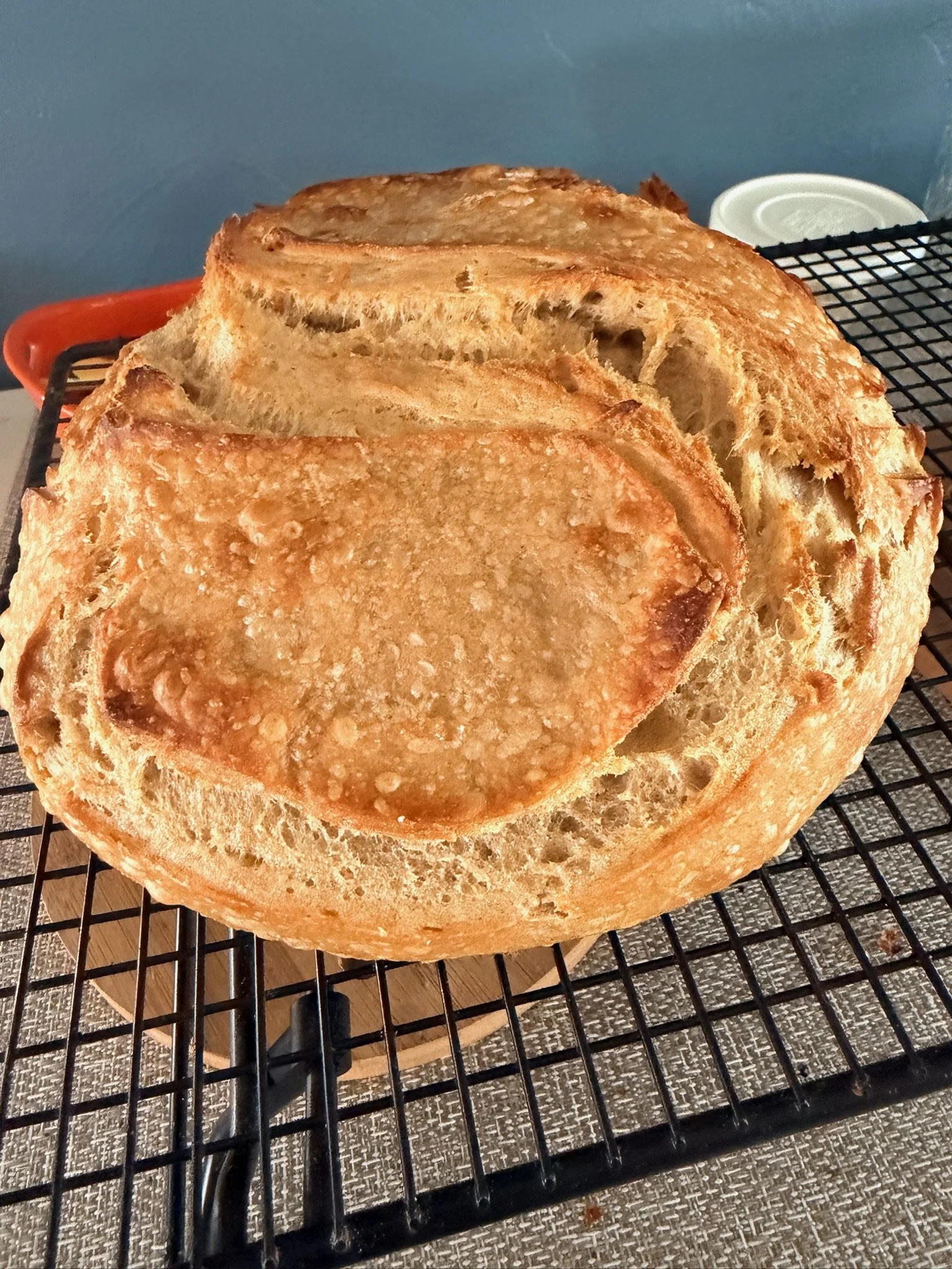 Close-up of a freshly baked, large round loaf of bread with a golden crust on a wire cooling rack.