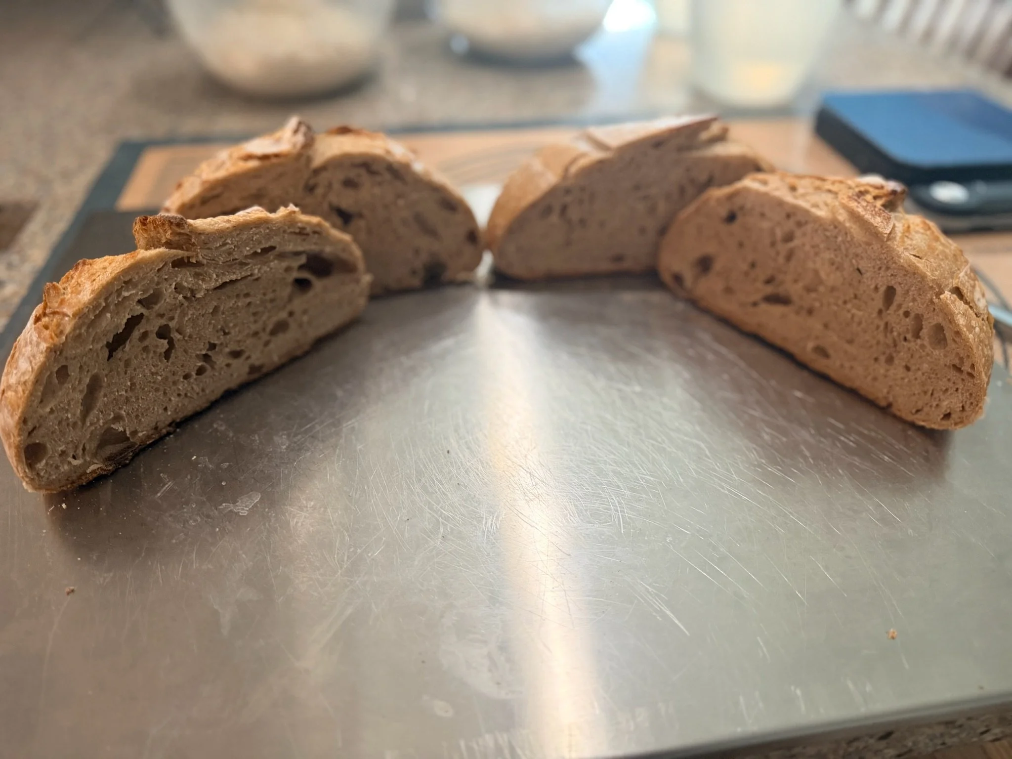 Slices of biscotti with chocolate chips on a stainless steel surface in a kitchen.