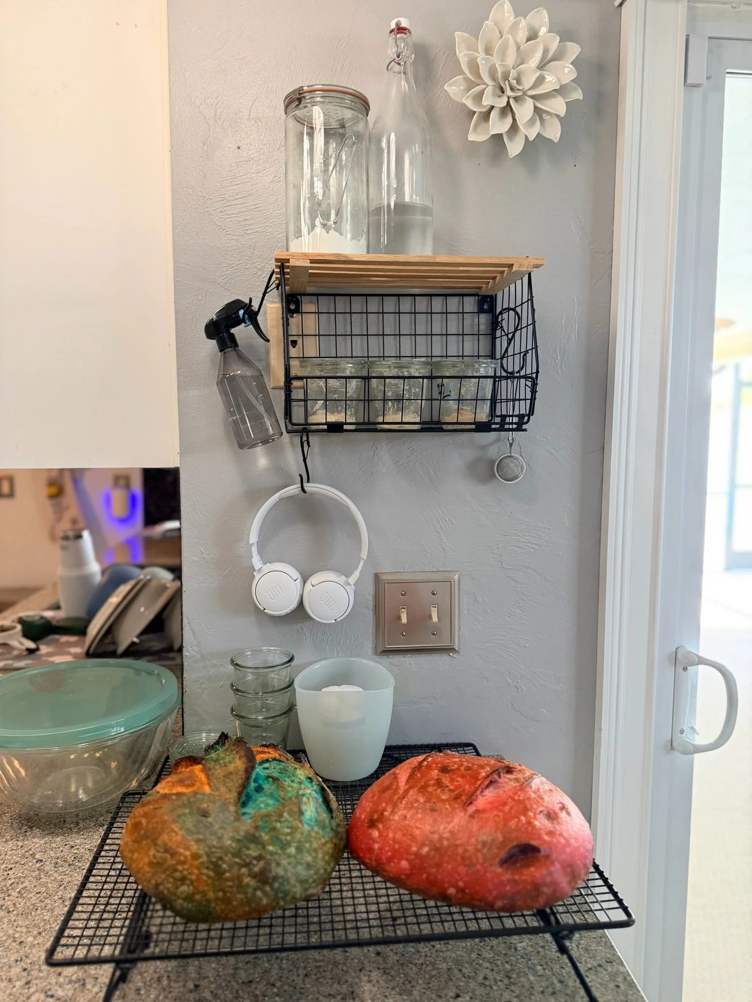 Several colorful rough rocks or minerals on a cooling rack in a kitchen. The background shows a countertop with glass bowls, a jar, headphones, and various kitchen items, with a wall-mounted white flower decoration and a window.