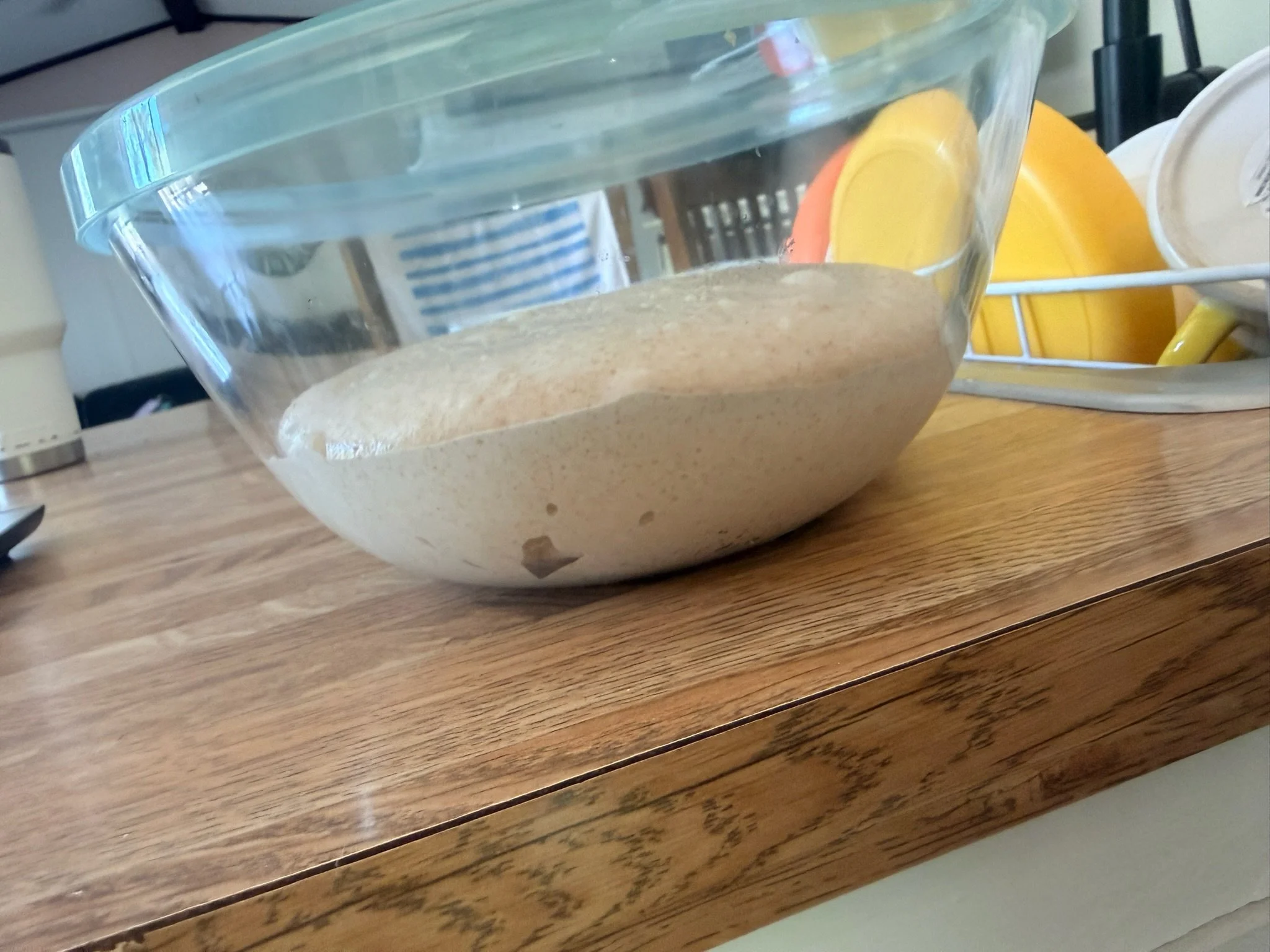 Clear plastic container with yellow and brown powder inside, placed on a wooden surface with other dishware and utensils nearby.