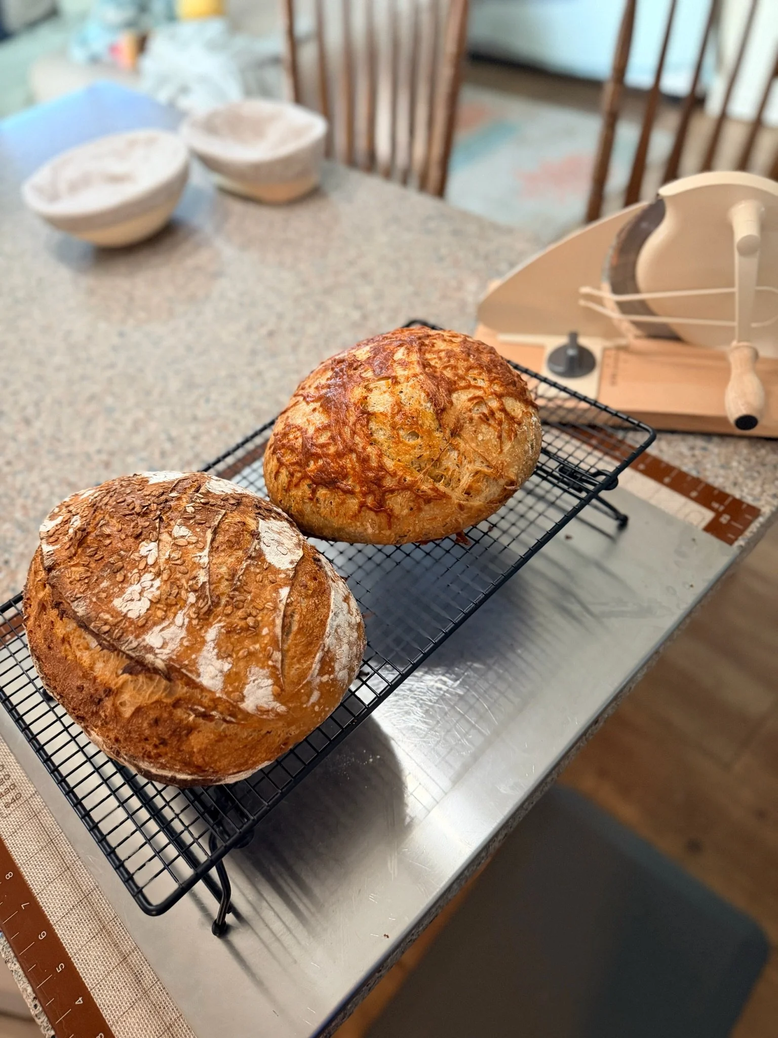 Three loaves of freshly baked bread cooling on a wire rack on a kitchen counter.