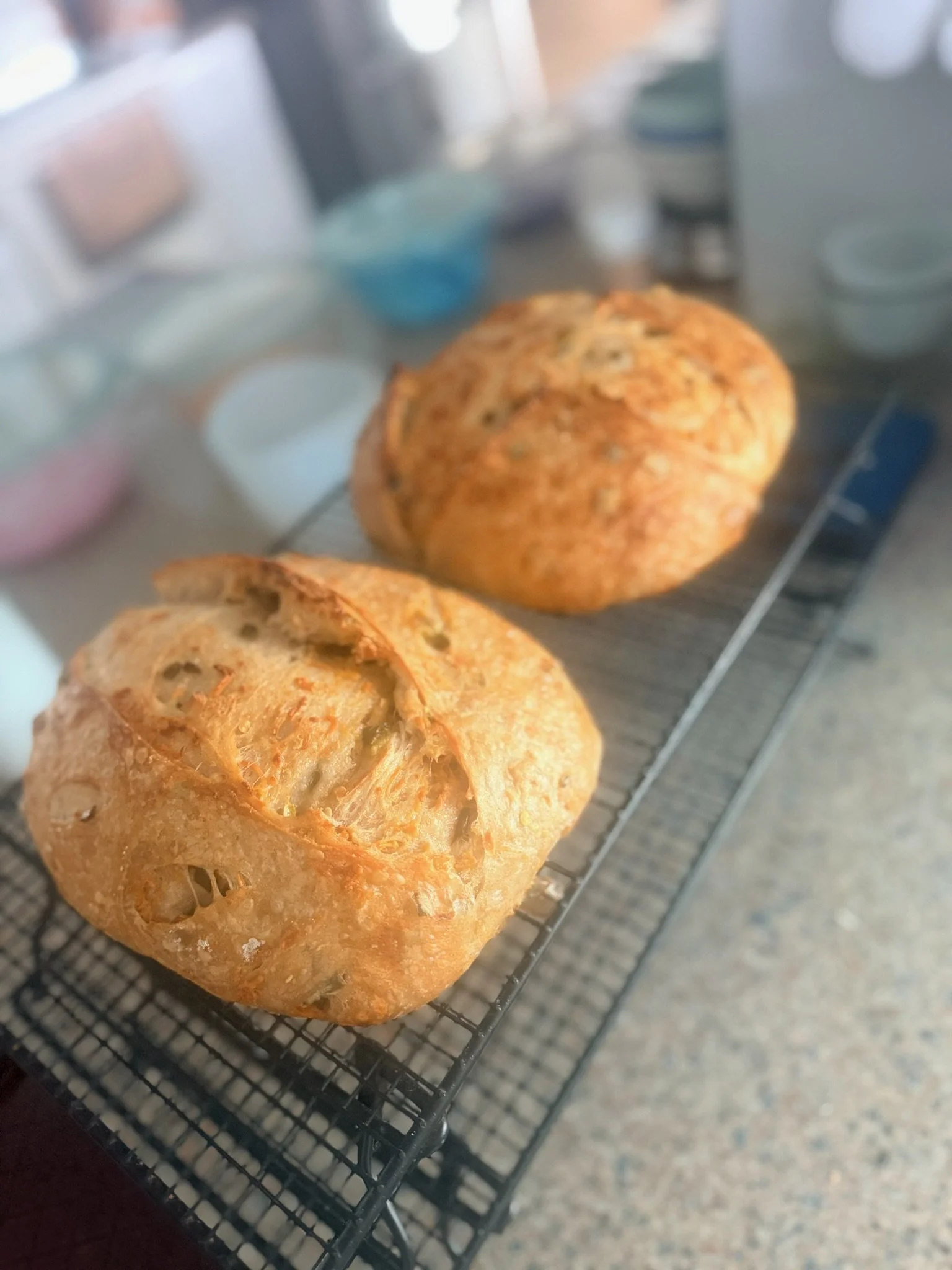 Two loaves of freshly baked bread resting on a cooling rack in a kitchen.