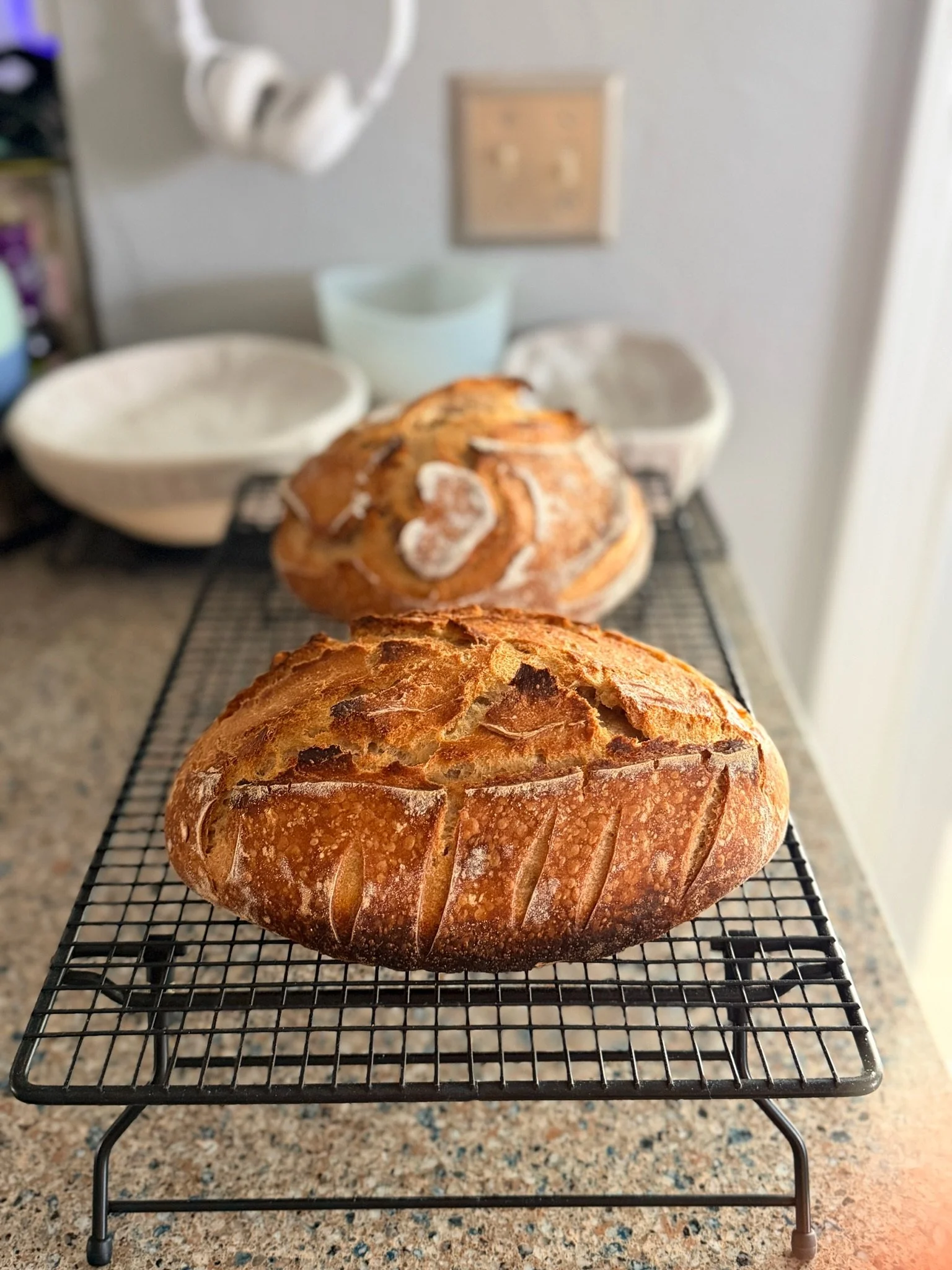 A cooling rack with two freshly baked loaves of bread on a kitchen countertop.