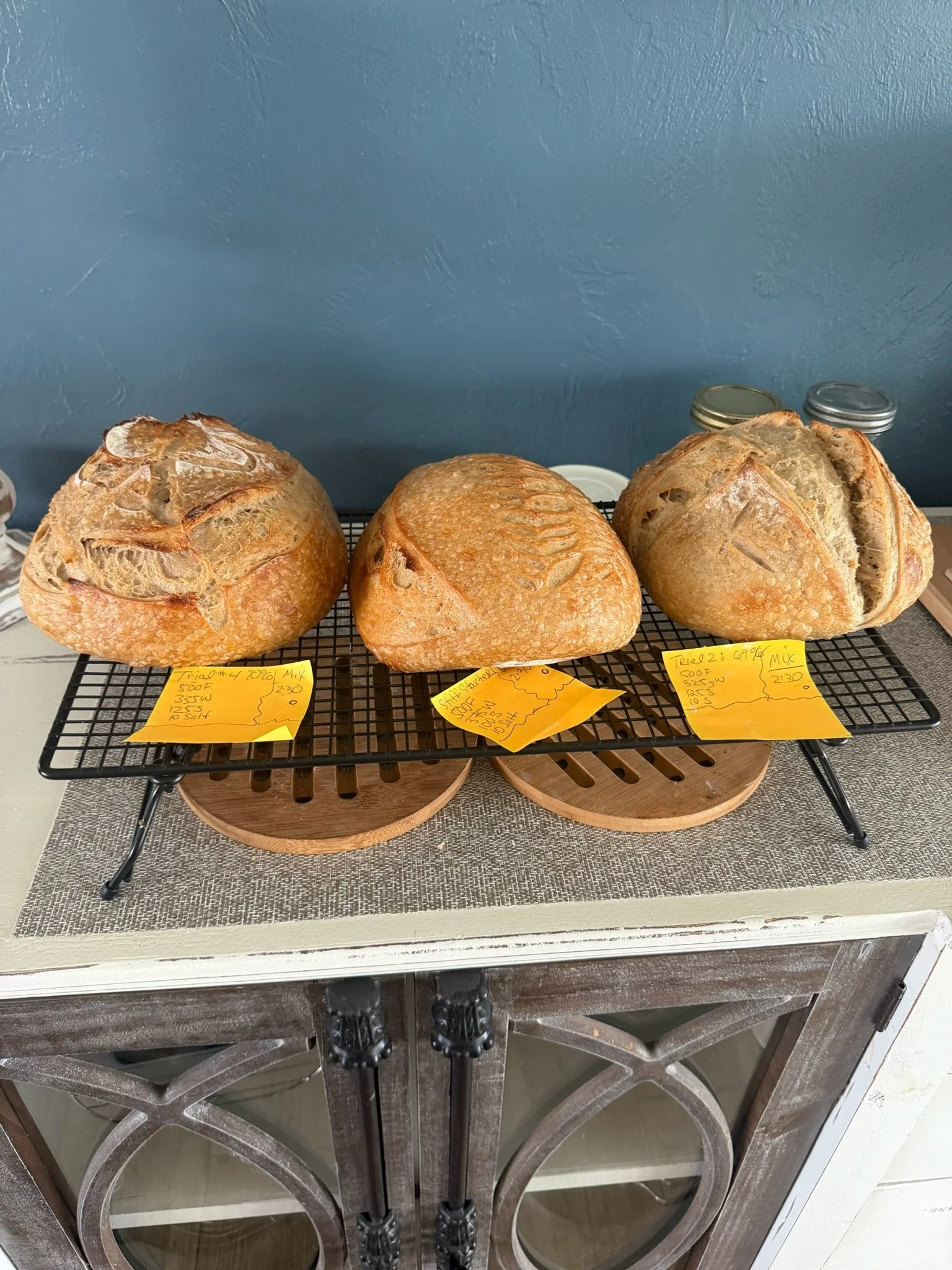 Three loaves of freshly baked bread on a cooling rack placed on a decorative metal table.