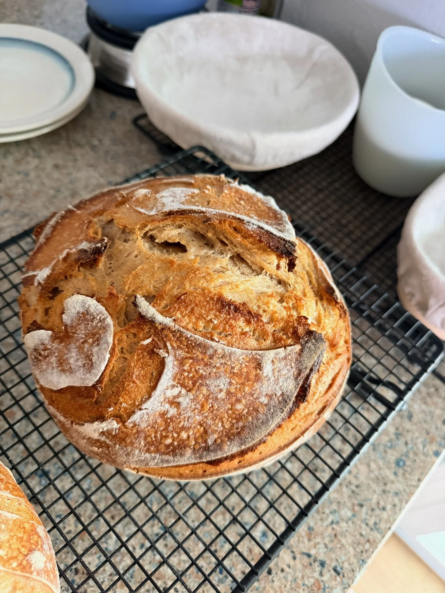 Close-up of a freshly baked round loaf of bread with a flour dusting, resting on a black wire cooling rack. In the background, there are white and cream-colored bowls and plates, and some stacked containers on a speckled countertop.