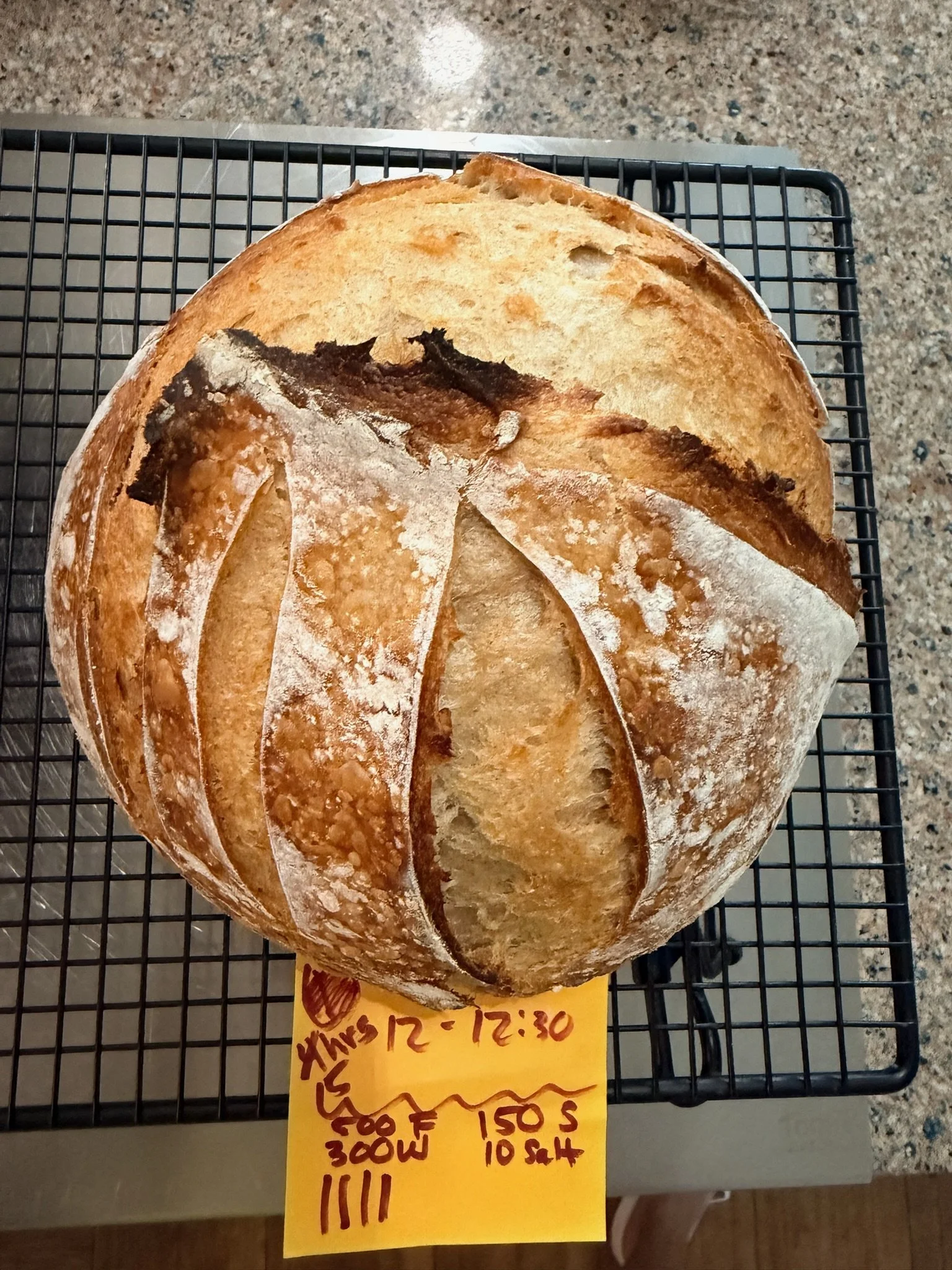 Round loaf of bread with a rustic crust resting on a black cooling rack, with a yellow handwritten price tag beneath it.