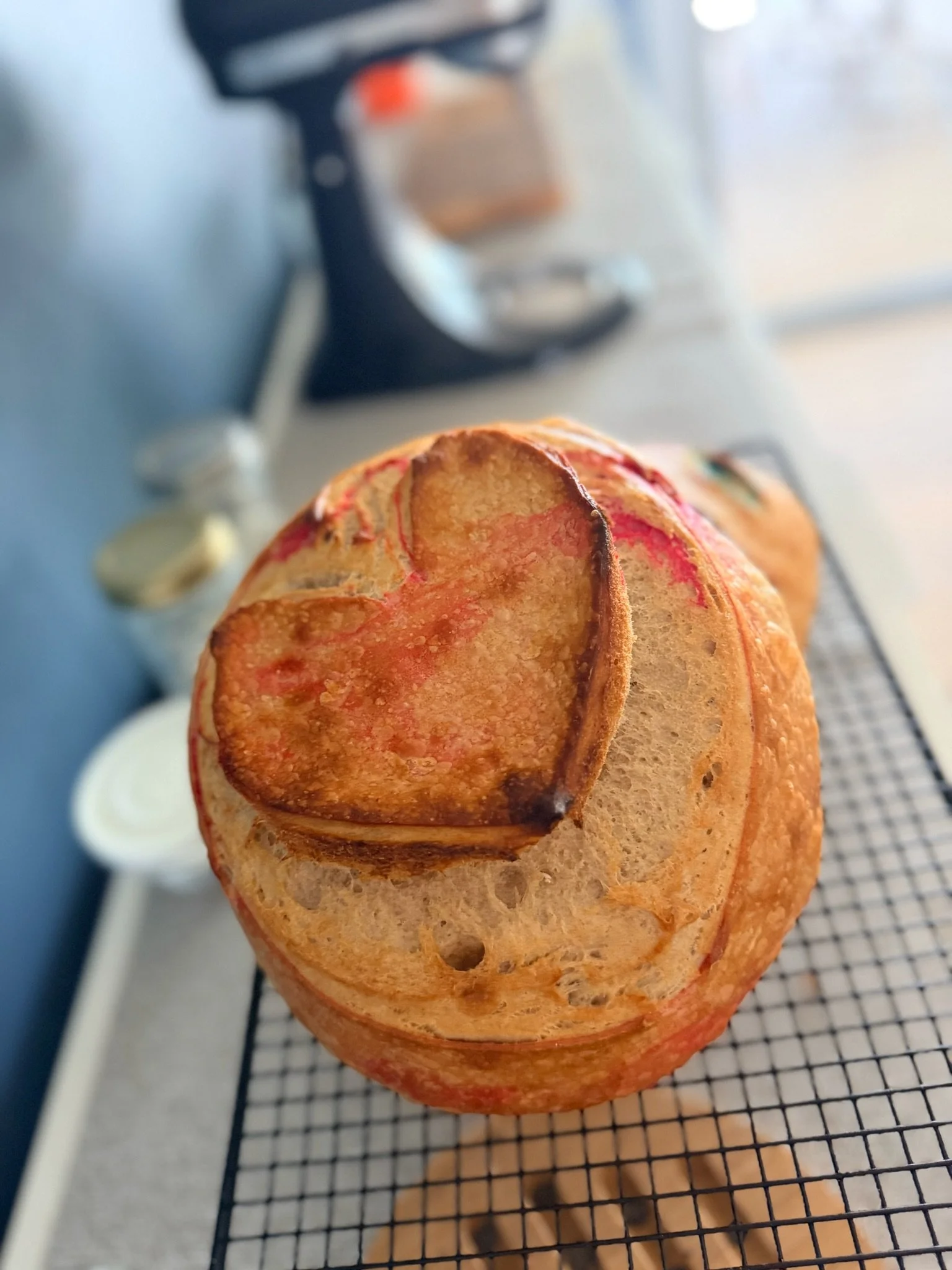 Close-up of a baked pastry with a flaky crust and a filling that appears to be fruit, resting on a cooling rack in a kitchen.