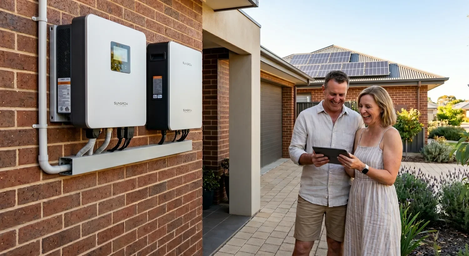 A man and woman stand outside a house smiling at a tablet, next to a wall-mounted solar inverter and solar panels on the roof.