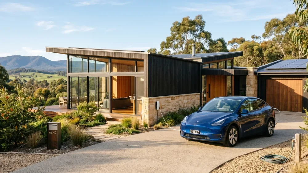 Modern house with large glass windows, wooden accents, and a stone foundation, surrounded by greenery and mountains in the background. An electric car is charging in the driveway.