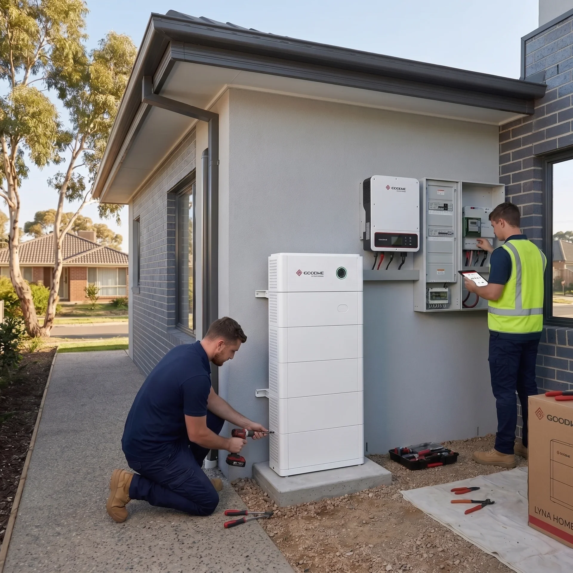 Two technicians installing an electrical system outside a house with a gray and white exterior wall. One technician is kneeling on the ground using a power drill, and the other is standing, working on an electrical panel. Tools are scattered on the ground, and a box is nearby.