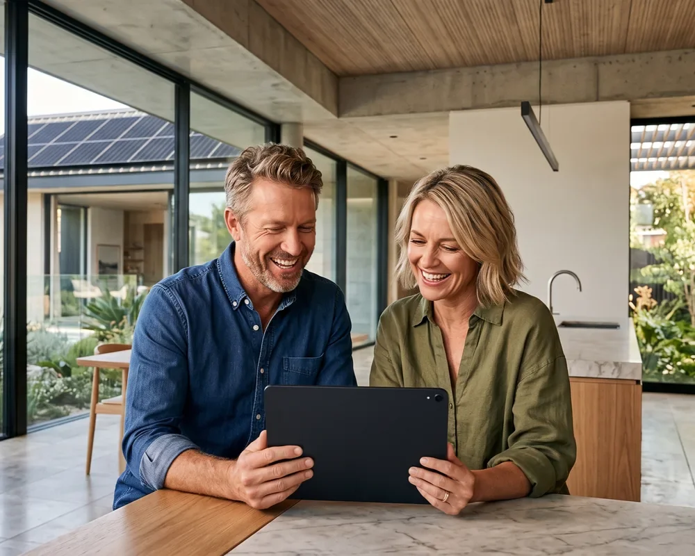 A smiling man and woman sitting at a kitchen table looking at a tablet, with a modern kitchen and large windows in the background.