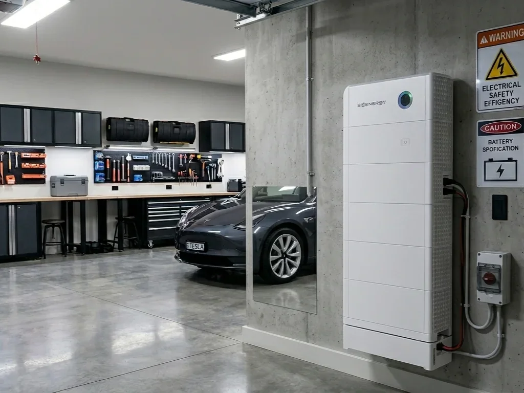 Tesla electric car parked in a modern, organized garage with tools and storage cabinets in the background, alongside an electric vehicle charging station.