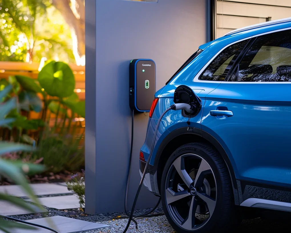 Blue electric car charging at home with a wall-mounted charging station in a sunny outdoor setting.