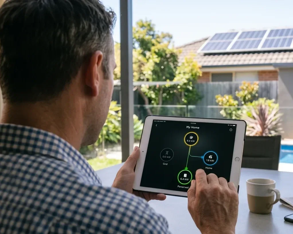 A man looking at a tablet displaying a home energy management app, with solar panels on the roof and greenery outside.