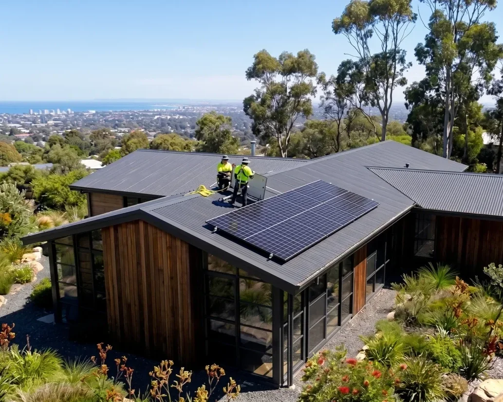 Two workers wearing yellow safety vests on a house roof with solar panels, overlooking a city and ocean in the distance, surrounded by trees and plants.