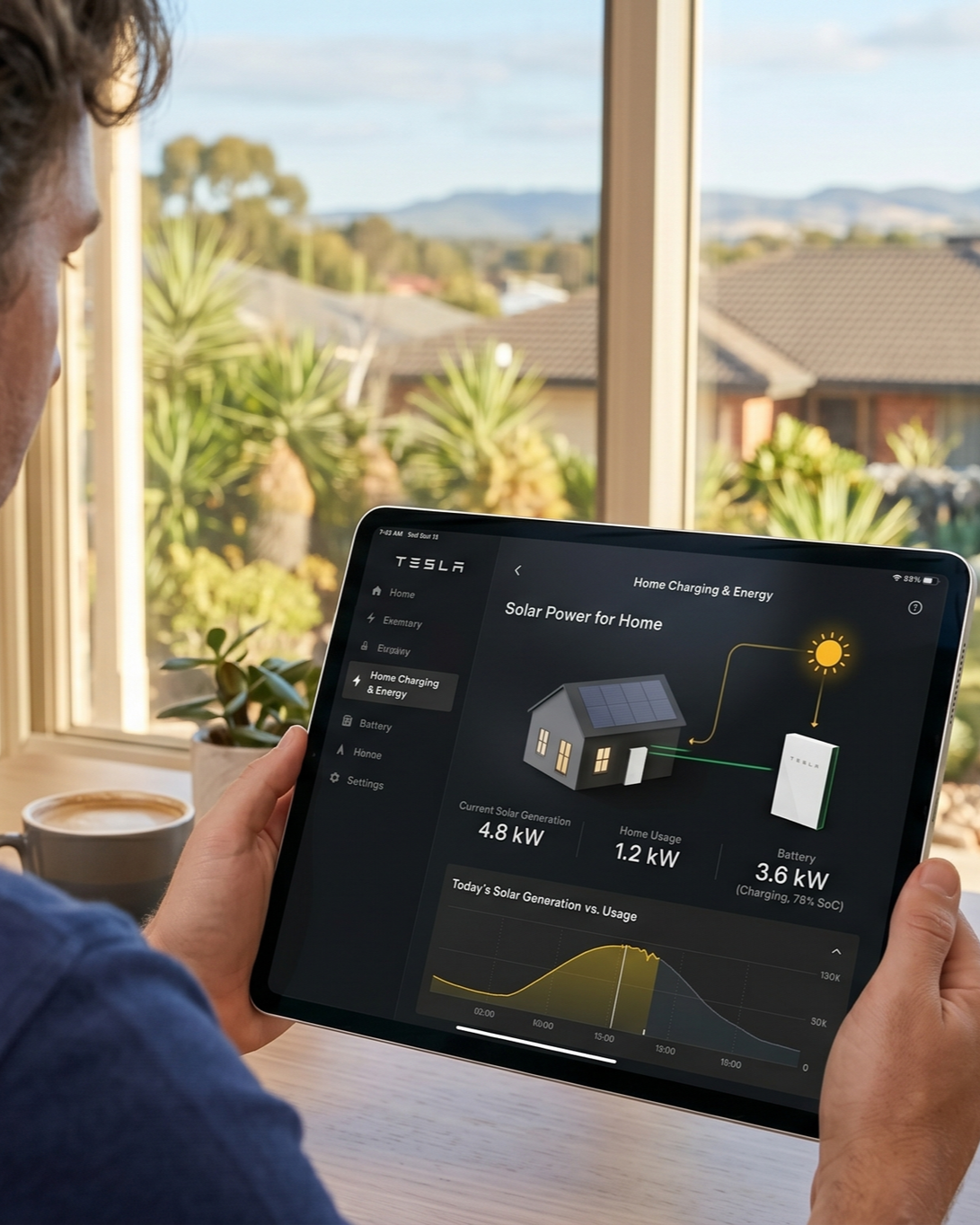 Person monitoring home solar energy system on tablet with house illustration and solar panels outside window in the background.