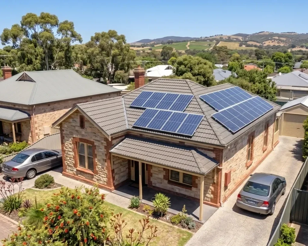 A house with solar panels on the roof, a front porch, driveway, and landscaping in a suburban neighborhood with rolling hills in the background.