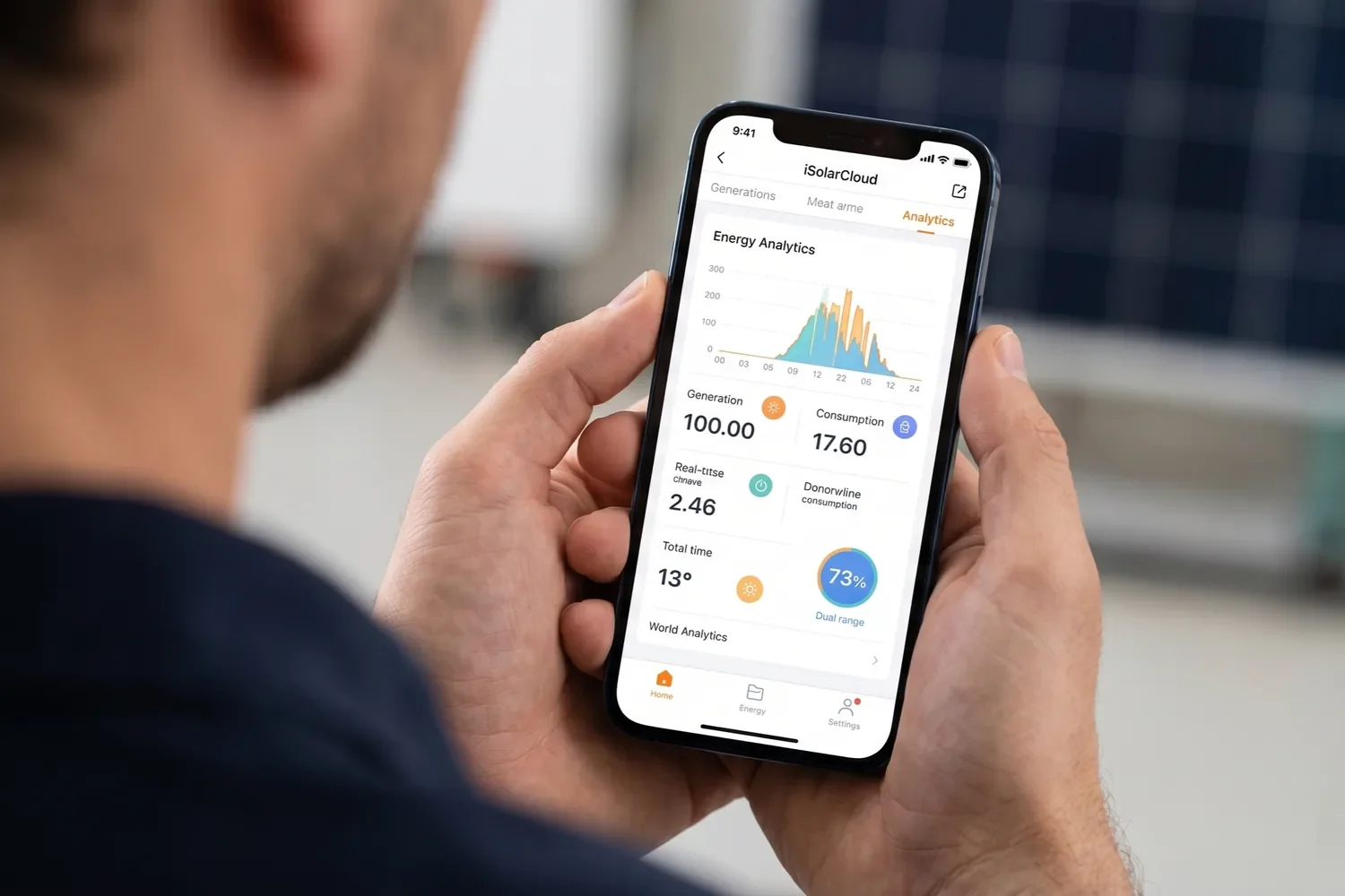Person holding a smartphone displaying an energy analytics app with graphs and statistics related to energy generation and consumption.