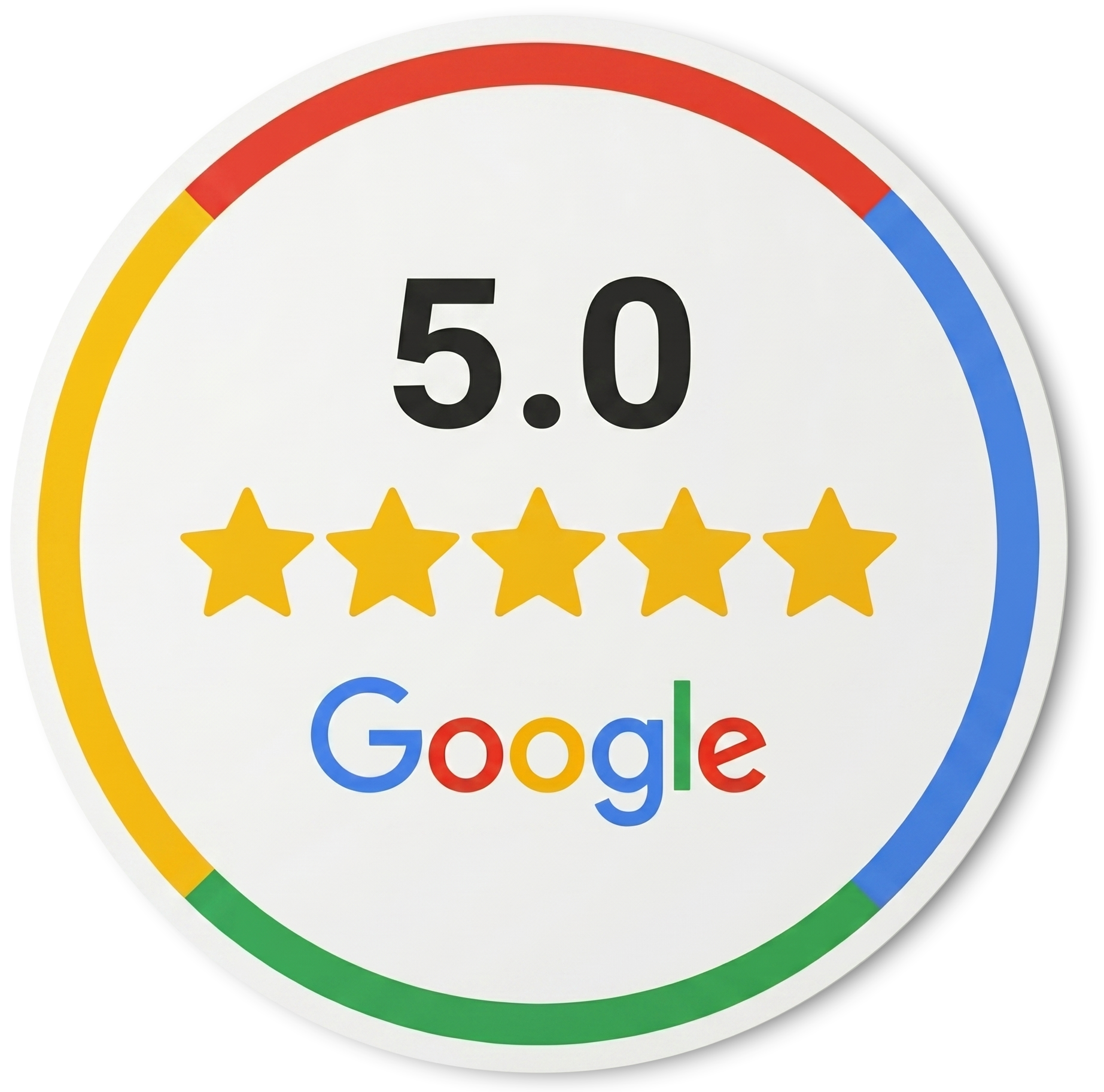 Close-up of a circular awards or review badge with a 5.0 rating, gold stars, and the Google logo, featuring blue, red, yellow, and green colors.