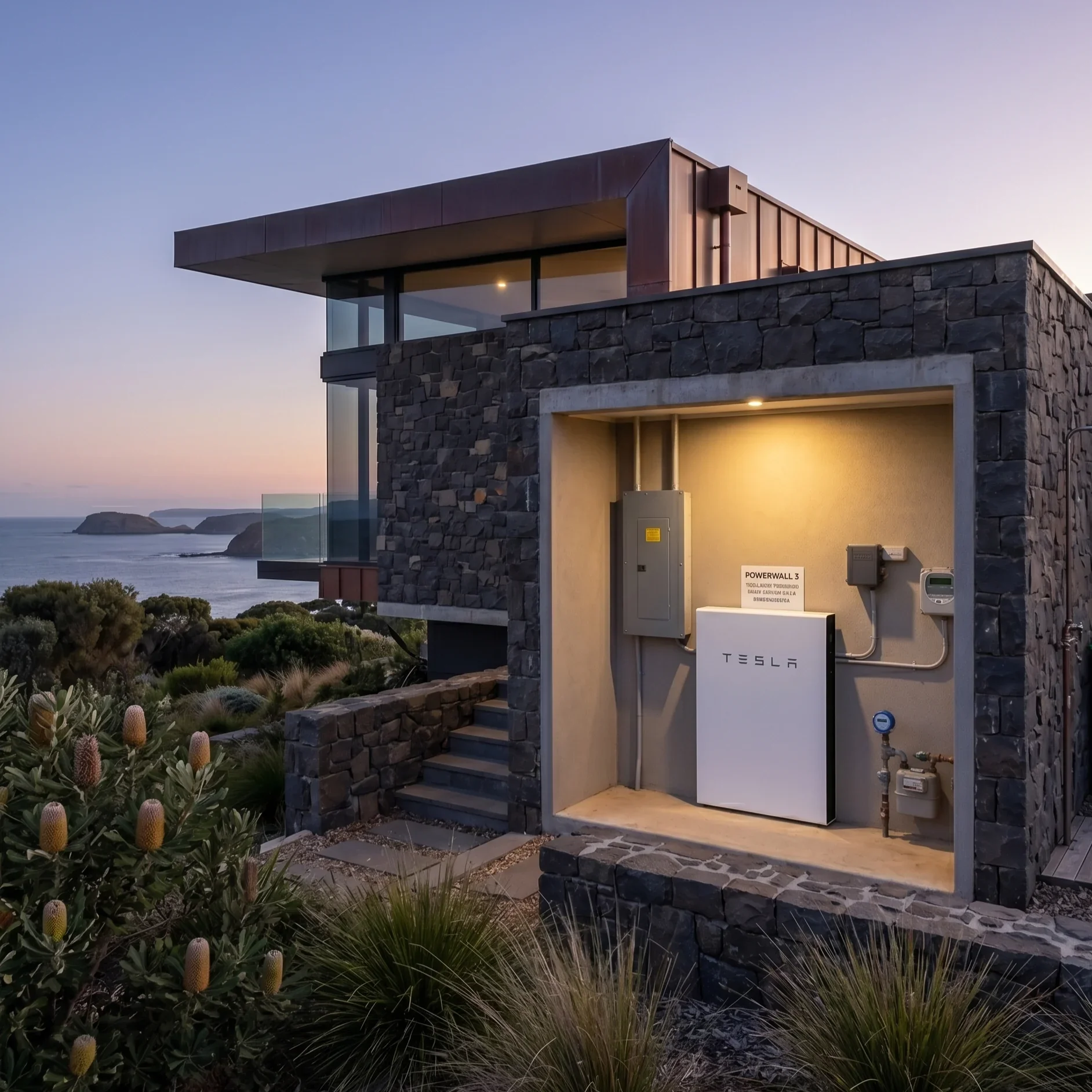 Modern building with stone and metal exterior, featuring a Tesla Powerwall and electric meter, set against a coastal landscape at dusk with plants in foreground.