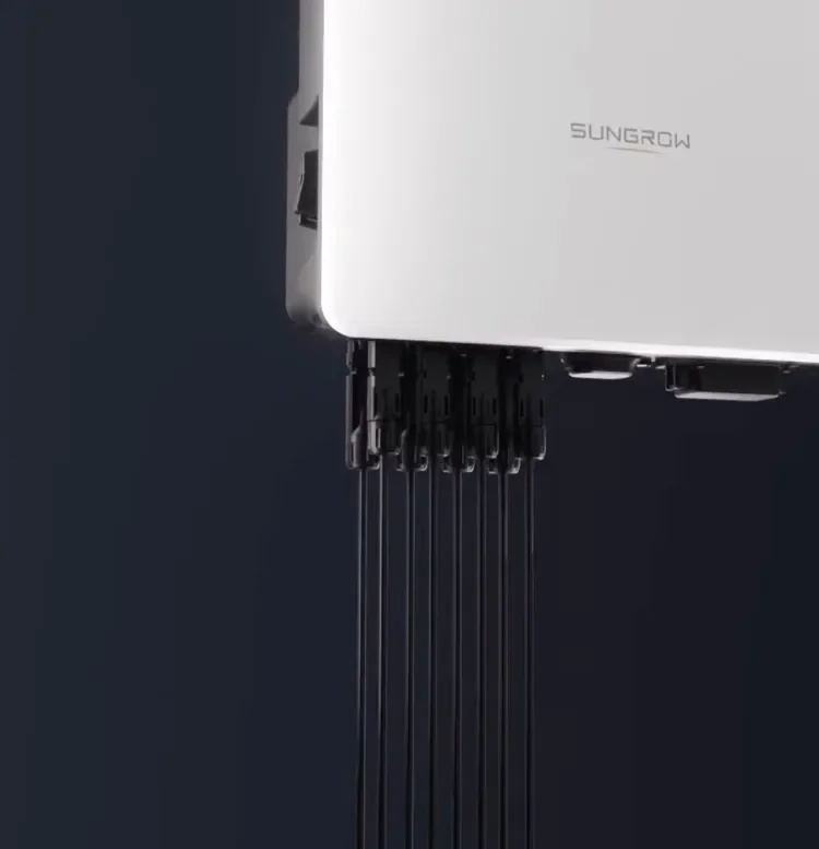 Close-up of a white SunGrow solar power bank with multiple black charging cables hanging down.