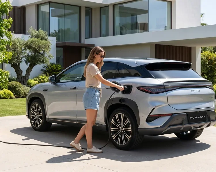 A woman charging an electric car in front of a modern house.
