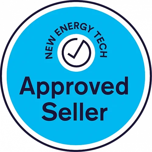 Blue circular badge with black text reading 'New Energy Tech Approved Seller' and a checkmark symbol.