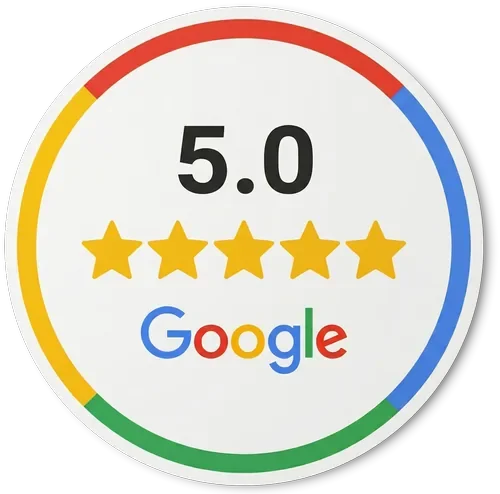 A circular graphic with a white background, featuring a 5-star rating, the number 5.0 in black above the stars, and the Google logo below.