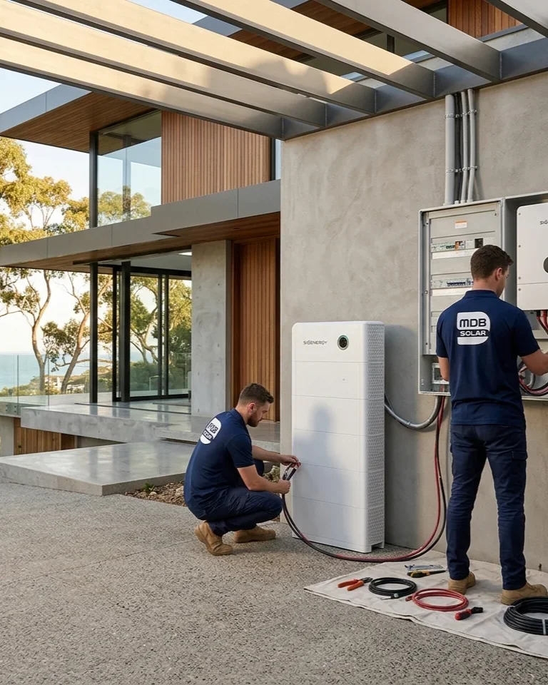 Two technicians working on an electrical panel and a solar battery storage system outside a modern house with large glass windows and a wooden facade.