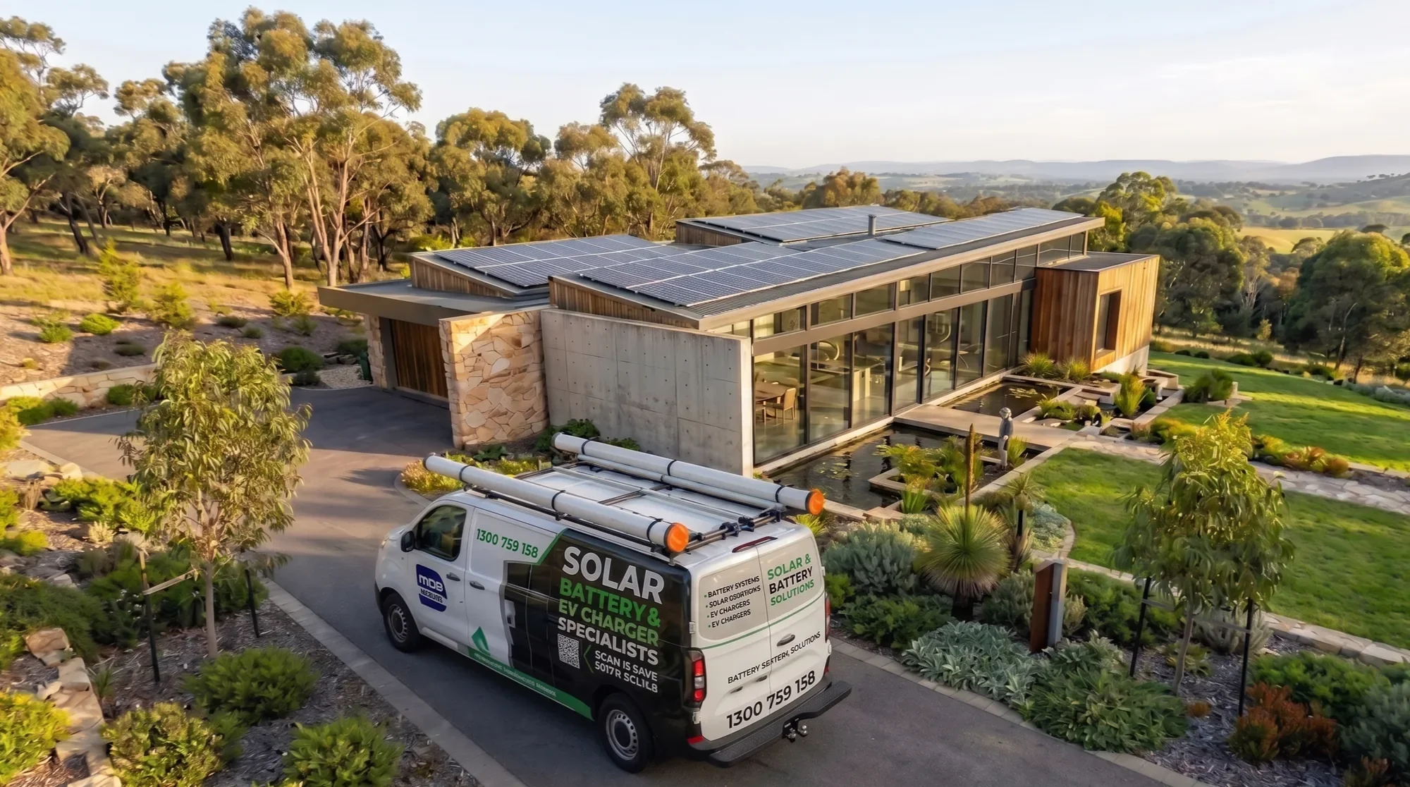 Modern house with solar panels on the roof, surrounded by landscaping and trees, with a white solar battery and charger service vehicle parked in the driveway.
