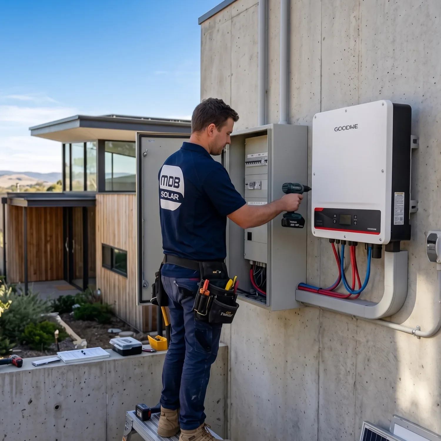 A technician working on solar power system on the exterior wall of a modern building.