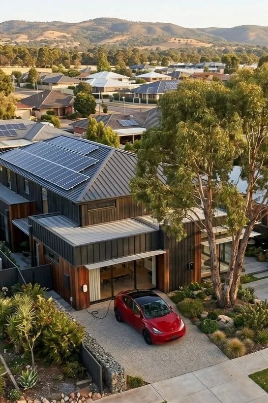 A modern house with solar panels on the roof, a red car parked in the driveway, and a large tree in the front yard, in a suburban neighborhood with other houses and hilly terrain in the background.
