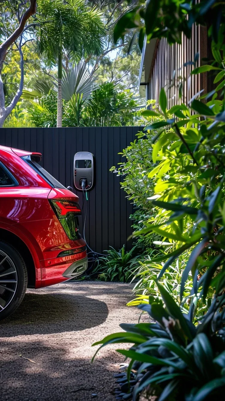 A red car parked on the driveway connected to an electric vehicle charging station on a black fence, surrounded by lush green plants and trees.