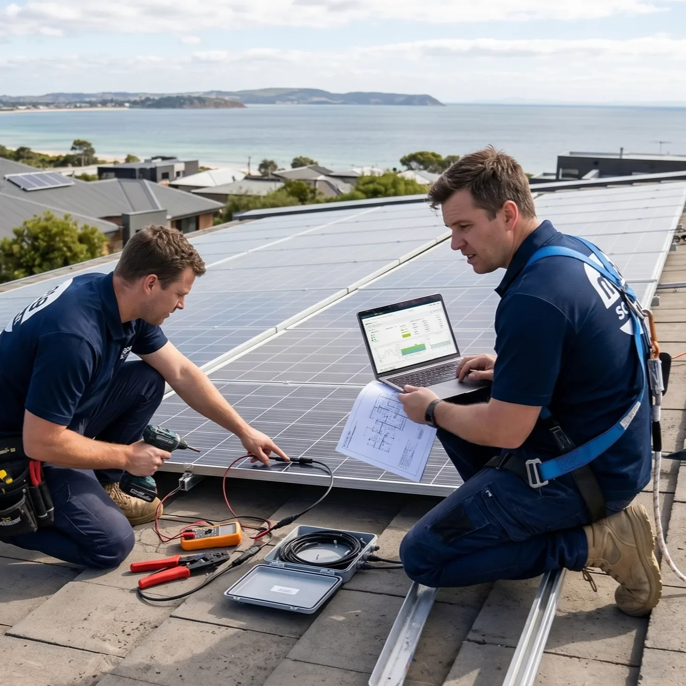 Two technicians in navy blue shirts installing and inspecting solar panels on a rooftop with a coastal landscape in the background, using tools, a laptop, and a printed blueprint.